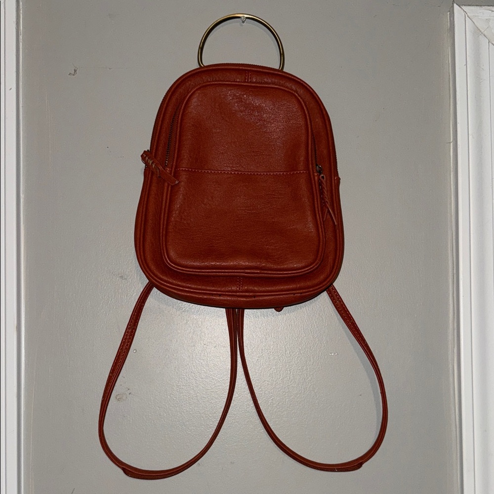 Elegant Leather Backpack with Ring Handle - Red